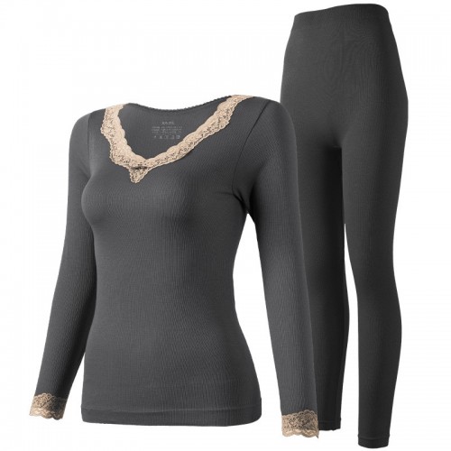 Contrast Lace Trim Thermal Underwear Set, Long Sleeve V Neck Tops & Pants, Women's Loungewear & Underwear